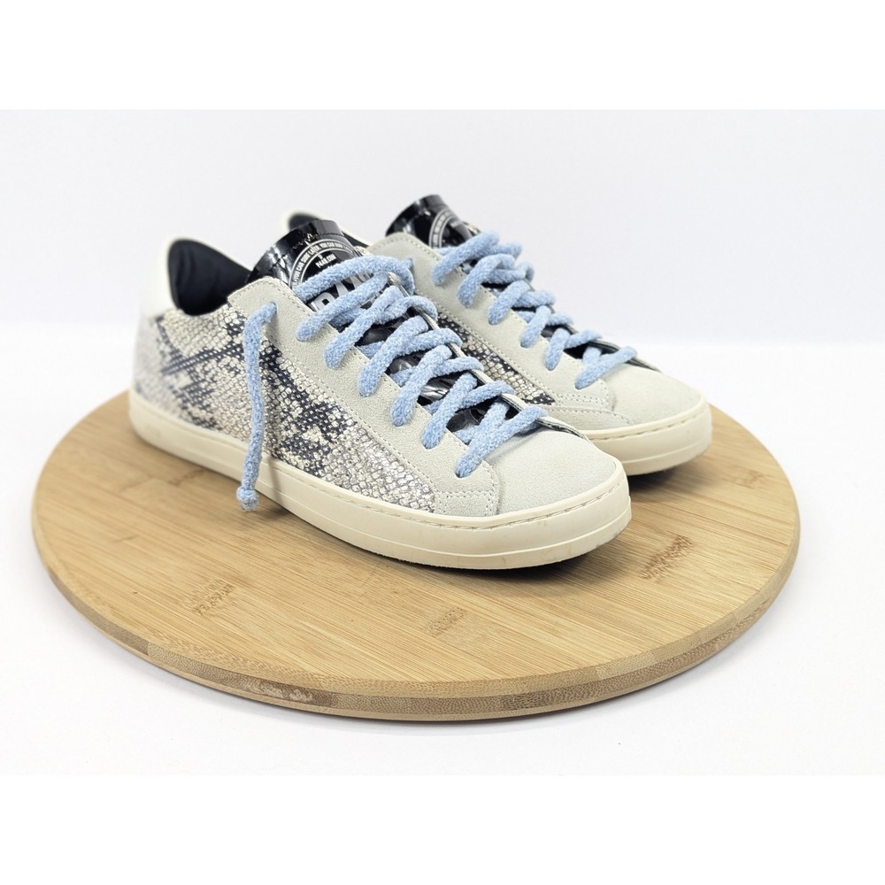 P448 Shoes Womans 7 Python Print Metallic Leather Sneakers Blue Laces